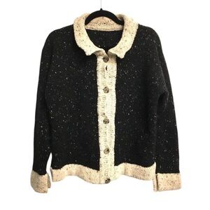 WOOL Ireland Donegal Button Front Cardigan Sweater Black L